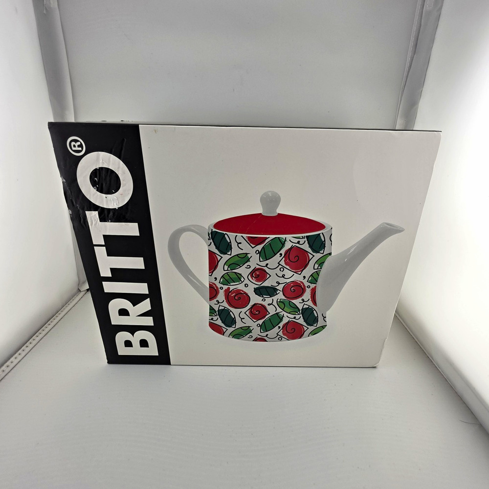NIB - Britto Bone China Floral Teapot w/ Lid & Handle, White/Red/Green Glossy
